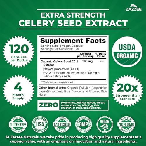 Zazzee Extracto de Semilla de Apio Orgánico USDA 20:1, 120 Cápsulas Veganas, Suplemento Herbal Natural, Antioxidante y Soporte Celular, Hecho en EE. - imagen 3