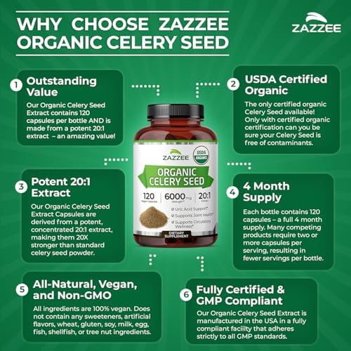 Zazzee Extracto de Semilla de Apio Orgánico USDA 20:1, 120 Cápsulas Veganas, Suplemento Herbal Natural, Antioxidante y Soporte Celular, Hecho en EE. - imagen 7