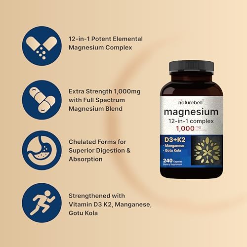 NatureBell Complejo de Magnesio 12 en 1 1000mg, Suministro para 4 Meses – Magnesio Glicinato, Citrato, Taurato, Malato y Más – Alta Absorción para - imagen 3