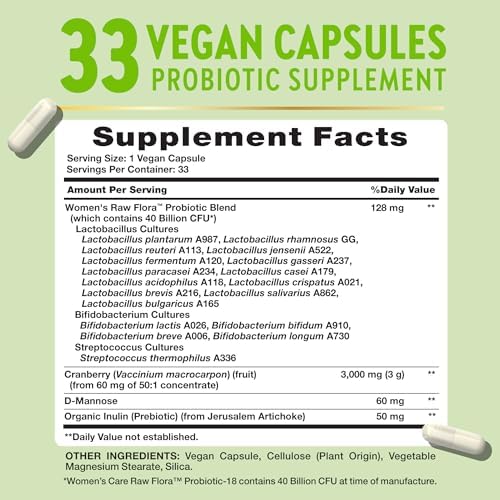 Probióticos para Mujeres Raw Flora | 40 Mil Millones CFU + Prebióticos | Soporte Digestivo, Vaginal y Urinario | 33 Cápsulas Veganas con Arándano y - imagen 2