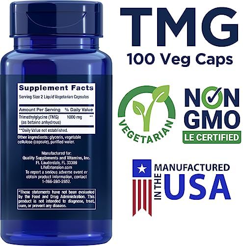 Life Extension TMG 500 mg, 100 Cápsulas Veganas Líquidas - Suplemento de Trimetilglicina (Betaína Glicina) - Sin Gluten, No OGM, Vegetariano - imagen 2