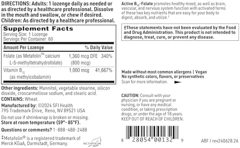 Klaire Labs SFI Health Active B12 - Suplemento de Folato - Pastillas Disolventes con Metilfolato y Vitamina B12 Metilcobalamina - Alta Absorción - - imagen 4
