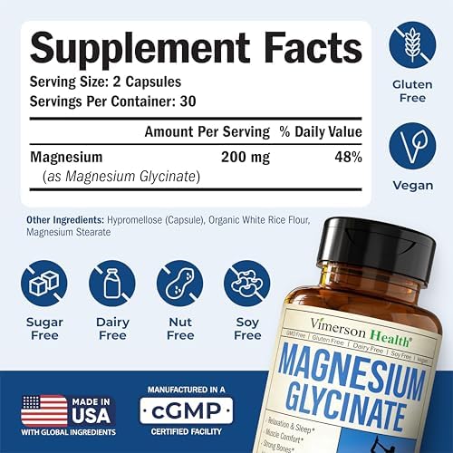 Vimerson Health Magnesio Glicinato 200mg para Sueño, Relajación y Soporte Muscular – Quelado, Bioavailable, Vegano y Suave para el Estómago – 60 - imagen 3