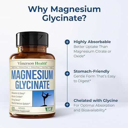 Vimerson Health Magnesio Glicinato 200mg para Sueño, Relajación y Soporte Muscular – Quelado, Bioavailable, Vegano y Suave para el Estómago – 60 - imagen 5