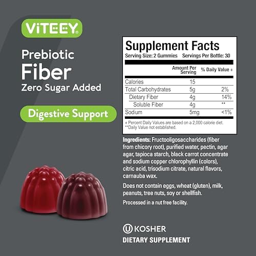 Gomitas de Fibra Prebiótica VITEEY para Adultos, 4g - Suplemento Digestivo Vegano y Sin Azúcar - 120 Piezas - imagen 4