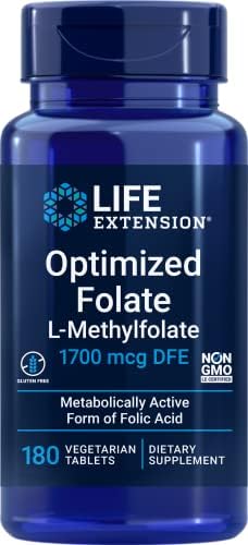 Life Extension Folato Optimizado (L-Metilfolato) 1700 mcg DFE, 180 Tabletas Veganas - imagen 1
