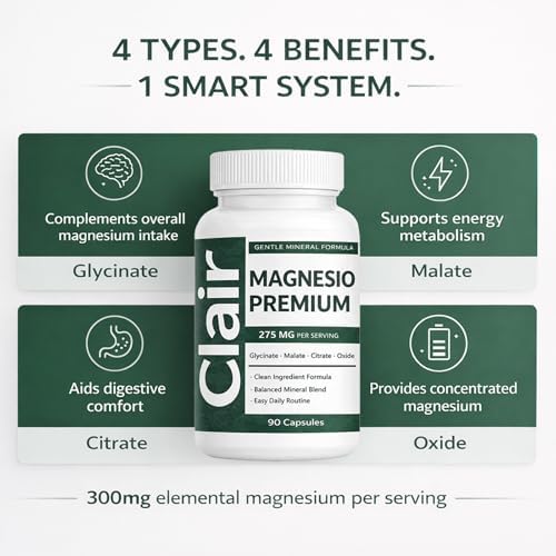 Clair Magnesio Premium - Suplemento de Magnesio Complejo, Mezcla de Glicinato, Malato, Citrato y Óxido, Cápsulas Veganas para Función Muscular, - imagen 6