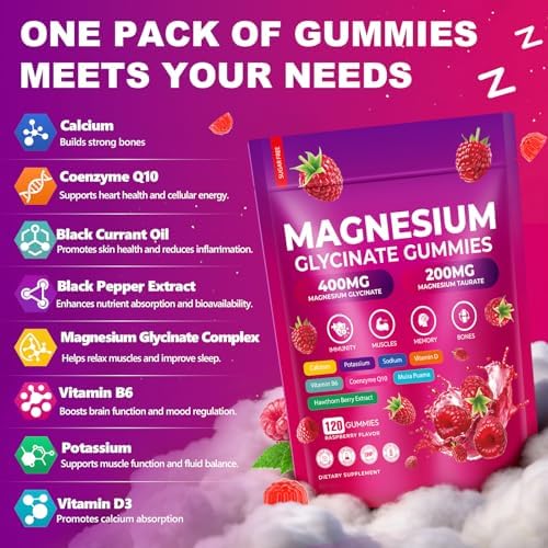 Gomitas de Glicinato de Magnesio 600mg, 120 Unidades, Sin Azúcar, Suplemento para Adultos y Niños con L-Treonato, Calcio, Zinc, CQ10 y Potasio para - imagen 4
