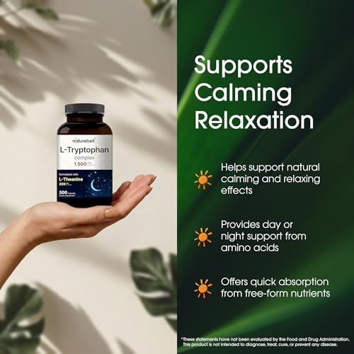 NatureBell Complejo de L-Tryptófano - 300 Cápsulas - Triple Fuerza 1,300mg L-Tryptófano con 200mg L-Theanina Libre - Fórmula Calmante para Relajación - imagen 4