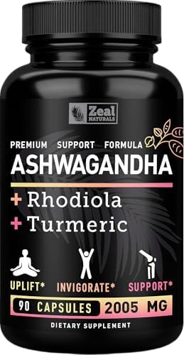 Complejo Adaptogénico de Ashwagandha Orgánico Zeal | 2005mg, 90 Cápsulas | Polvo de Raíz de Ashwagandha + Rhodiola Rosea + Cúrcuma | Suplemento 3 en - imagen 1