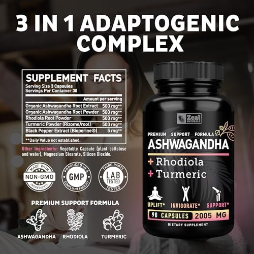 Complejo Adaptogénico de Ashwagandha Orgánico Zeal | 2005mg, 90 Cápsulas | Polvo de Raíz de Ashwagandha + Rhodiola Rosea + Cúrcuma | Suplemento 3 en - imagen 2