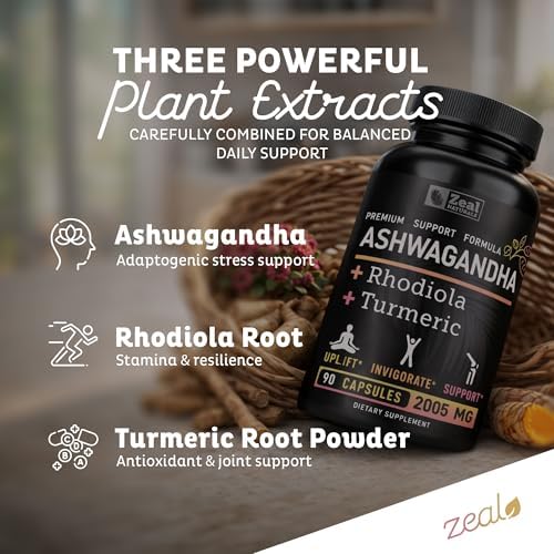 Complejo Adaptogénico de Ashwagandha Orgánico Zeal | 2005mg, 90 Cápsulas | Polvo de Raíz de Ashwagandha + Rhodiola Rosea + Cúrcuma | Suplemento 3 en - imagen 3