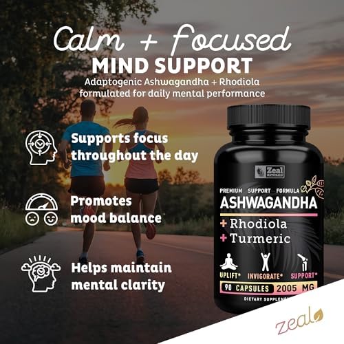 Complejo Adaptogénico de Ashwagandha Orgánico Zeal | 2005mg, 90 Cápsulas | Polvo de Raíz de Ashwagandha + Rhodiola Rosea + Cúrcuma | Suplemento 3 en - imagen 4