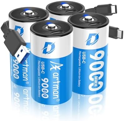 Baterías Recargables de Litio D Artman 4 Piezas, 9000mWh con Cable de Carga USB-C, 1.5V para Juguetes, Calentadores de Agua y Estufas de Gas - imagen 1