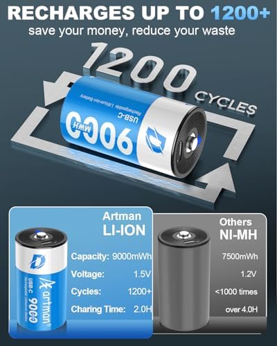 Baterías Recargables de Litio D Artman 4 Piezas, 9000mWh con Cable de Carga USB-C, 1.5V para Juguetes, Calentadores de Agua y Estufas de Gas - imagen 2