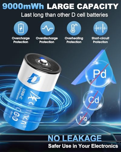 Baterías Recargables de Litio D Artman 4 Piezas, 9000mWh con Cable de Carga USB-C, 1.5V para Juguetes, Calentadores de Agua y Estufas de Gas - imagen 4