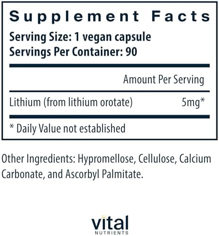 Vital Nutrients Lithium Orotate - Suplemento Vegano de Litio para Memoria y Salud Mental - 5mg - Libre de Gluten, Lácteos y Soja - 90 Cápsulas - imagen 2