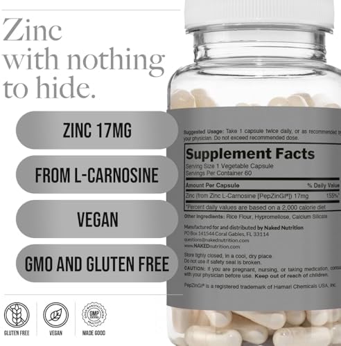 Suplemento Naked Zinc Carnosine para el Estómago y Función Inmunológica, Vegano, Sin Gluten, 17mg - 60 Cápsulas - imagen 5