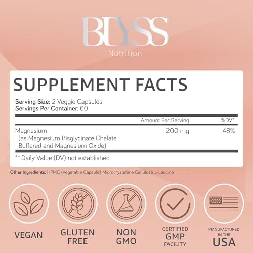 Cápsulas de Magnesio Bisglicinato BLYSS Nutrition para Mujeres - Suplemento Natural de 200mg para Dormir, Ánimo y Calambres Musculares - 120 piezas - imagen 2