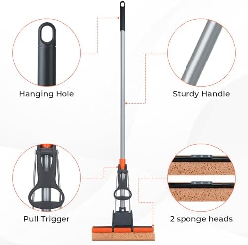Mopa Esponja para Limpieza de Pisos con 2 Recambios de Cabezal de Celulosa y Mango de 55”, Mopa Rodante Resistente, Fácil Autoexprimible para Piso de - imagen 5