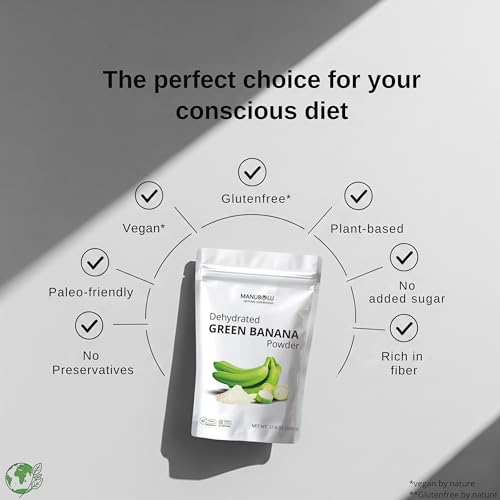 Polvo de Plátano Verde MANUBOLU 500g | Almidón Resistente | Fibra Prebiótica 100% Natural, Sin Azúcar | Libre de Gluten, Paleo y Vegano - imagen 3