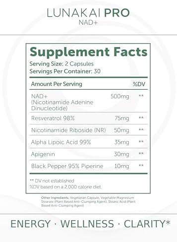Lunakai Suplemento Natural de NAD+ Hecho en EE. UU. con NR y Resveratrol – Apoyo a la Salud Celular y el Envejecimiento Saludable, 60 cápsulas - imagen 5
