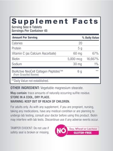 NeoCell Colágeno Avanzado en Péptidos | 270 Tabletas | 6000mg | Para Mujeres y Hombres | Con Vitamina C y Biotina | Sin OGM, Gluten ni Soja - imagen 5