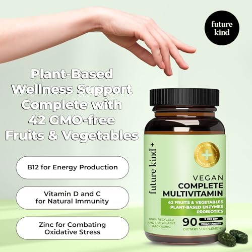 Multivitaminas Veganas Future Kind - 42 en 1 para Mujeres y Hombres con Enzimas, B12, Zinc y Probióticos para la Digestión (90 tabletas en botella - imagen 2