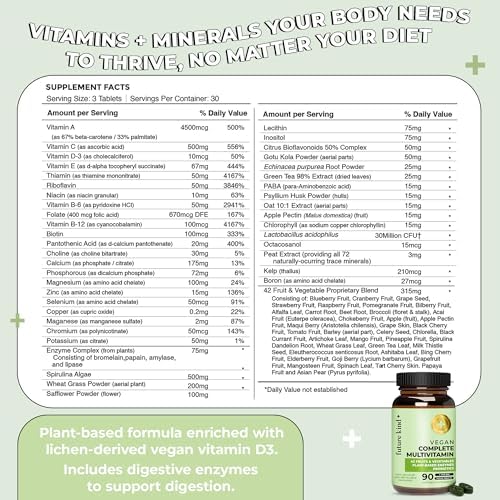 Multivitaminas Veganas Future Kind - 42 en 1 para Mujeres y Hombres con Enzimas, B12, Zinc y Probióticos para la Digestión (90 tabletas en botella - imagen 5