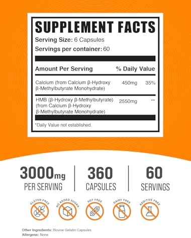 Cápsulas de HMB BulkSupplements.com - Suplemento de HMB como Calcio, Gluten Free, 6 Cápsulas por Porción (3000mg), 360 Contenido (Paquete de 1) - imagen 2
