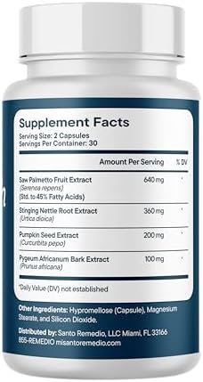 Santo Remedio Salud Prostática, Saw Palmetto 640 mg con Ortiga, Semilla de Calabaza y Pygeum, 60 Cápsulas (30 Porciones) - imagen 2