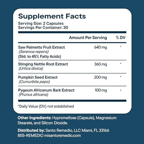 Santo Remedio Salud Prostática, Saw Palmetto 640 mg con Ortiga, Semilla de Calabaza y Pygeum, 60 Cápsulas (30 Porciones) - imagen 4