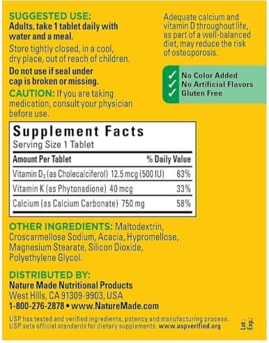 Nature Made Calcio 300 Tabletas 750 MG con D3 y K - imagen 3