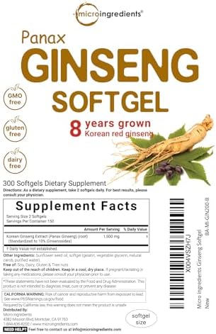 Suplemento de Ginseng Rojo Panax Micro Ingredients 300 Softgels | Extracto de Raíz de Ginseng Coreano de Alta Potencia | Apoya Energía y Salud - imagen 2