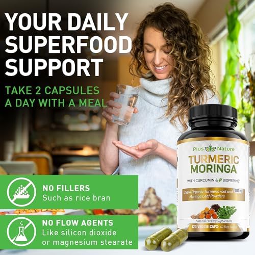 Suplementos Orgánicos de Cúrcuma y Moringa PIUS NATURE - 120 Cápsulas Veganas para Hombres y Mujeres - imagen 4