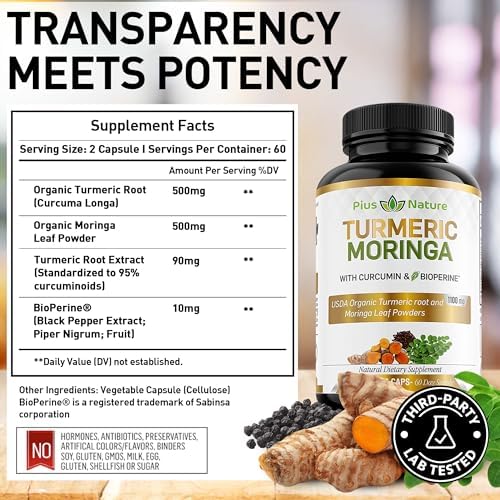 Suplementos Orgánicos de Cúrcuma y Moringa PIUS NATURE - 120 Cápsulas Veganas para Hombres y Mujeres - imagen 5