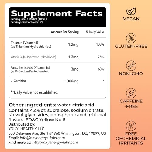 Suplemento Líquido L-Carnitina OxyEnergy 1000mg - Suave para Uso Diario, Sin Calorías, Sin Azúcar, Sin Estimulantes, Aumentador de Quema de Grasa y - imagen 2