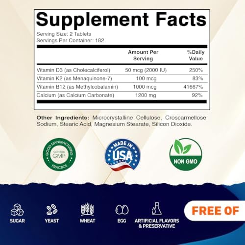 Suplemento de Calcio Vitamatic 1200mg con D3, K2 y B12, Apoyo a la Inmunidad y Salud Ósea - 365 Tabletas Recubiertas - imagen 2