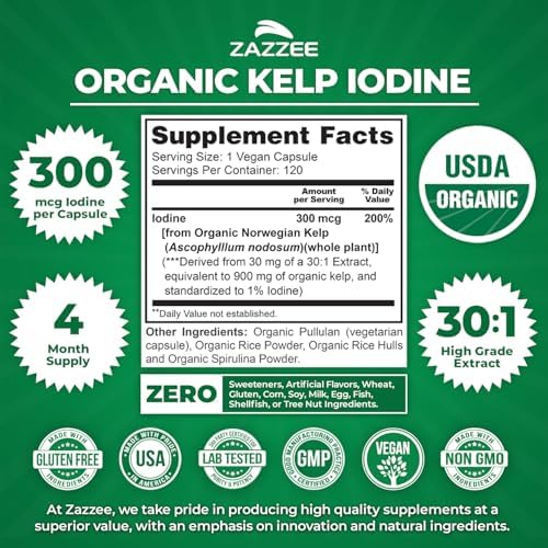 Zazzee Extracto de Algas Kelp Orgánicas USDA 30:1, 300 mcg por Cápsula, 120 Cápsulas Veganas, Suministro para 4 Meses, Algas Noruegas Cosechadas del - imagen 3