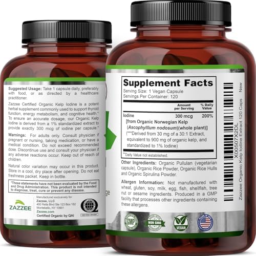 Zazzee Extracto de Algas Kelp Orgánicas USDA 30:1, 300 mcg por Cápsula, 120 Cápsulas Veganas, Suministro para 4 Meses, Algas Noruegas Cosechadas del - imagen 8