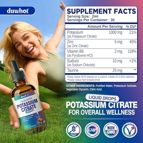Suplemento de Citrato de Potasio Líquido, 1000mg de Potasio en Gotas para Hombres y Mujeres, con Citrato de Zinc, Vitamina B6, Sodio y Taurina, 2 Fl - imagen 2