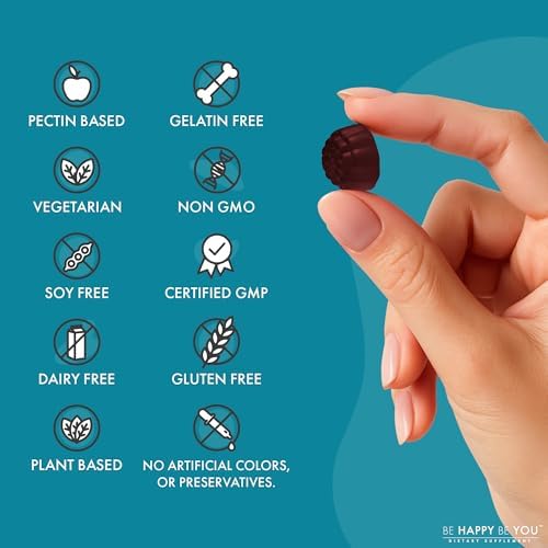 Gomitas de Magnesio Glycinate Be Happy Be You con L-Theanine – Apoyo para la Relajación y Sueño – Veganas, Sin Gelatina, Sabor Frutas Mixtas – 90 Ct - imagen 5