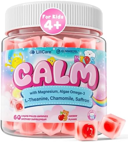 Gomitas Calmantes para Niños con Magnesio Bisglicinato y Azafrán + Omega 3 Vegano - Suplemento de Magnesio Chelado con L-Teanina y Manzanilla, Sin - imagen 1