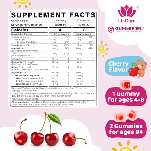 Gomitas Calmantes para Niños con Magnesio Bisglicinato y Azafrán + Omega 3 Vegano - Suplemento de Magnesio Chelado con L-Teanina y Manzanilla, Sin - imagen 2