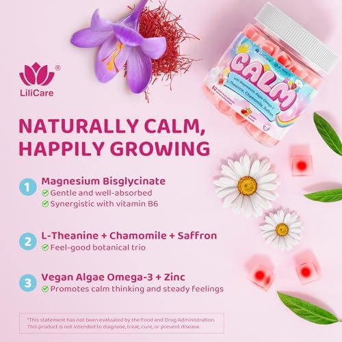 Gomitas Calmantes para Niños con Magnesio Bisglicinato y Azafrán + Omega 3 Vegano - Suplemento de Magnesio Chelado con L-Teanina y Manzanilla, Sin - imagen 4