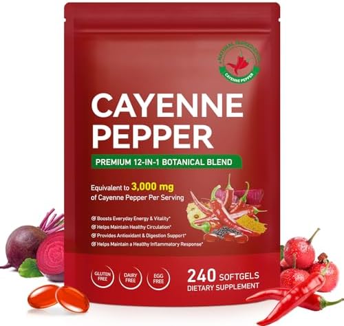 Cápsulas de Pimienta de Cayena 240 Softgels - Suplementos 12 en 1 con Vitamina D3, K2 y E, Cúrcuma, Remolacha y Extracto de Pimienta Negra - Apoya la - imagen 1