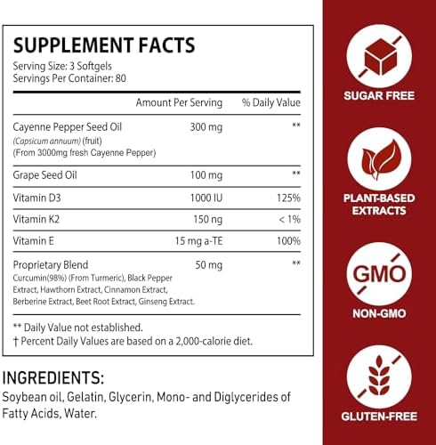 Cápsulas de Pimienta de Cayena 240 Softgels - Suplementos 12 en 1 con Vitamina D3, K2 y E, Cúrcuma, Remolacha y Extracto de Pimienta Negra - Apoya la - imagen 6