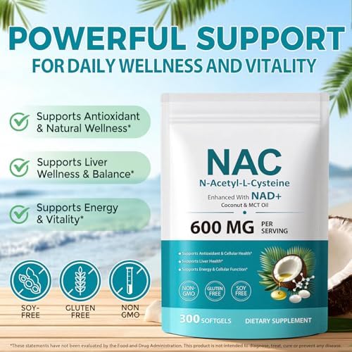 Suplemento NAC AIQIUSHA 600mg, Softgels de N-Acetil Cisteína con Aceite de Coco y MCT, Apoya la Actividad Antioxidante y Función Celular, 300 Softgels - imagen 2