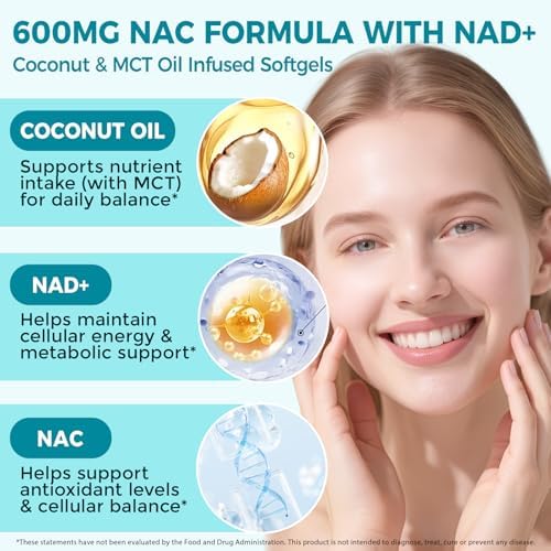 Suplemento NAC AIQIUSHA 600mg, Softgels de N-Acetil Cisteína con Aceite de Coco y MCT, Apoya la Actividad Antioxidante y Función Celular, 300 Softgels - imagen 3