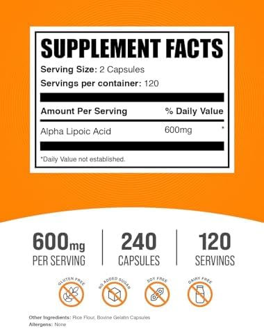 Cápsulas de Ácido Alfa Lipoico BulkSupplements.com - Suplemento ALA 600mg - Sin Gluten - 240 Cápsulas (Paquete de 1) - imagen 2